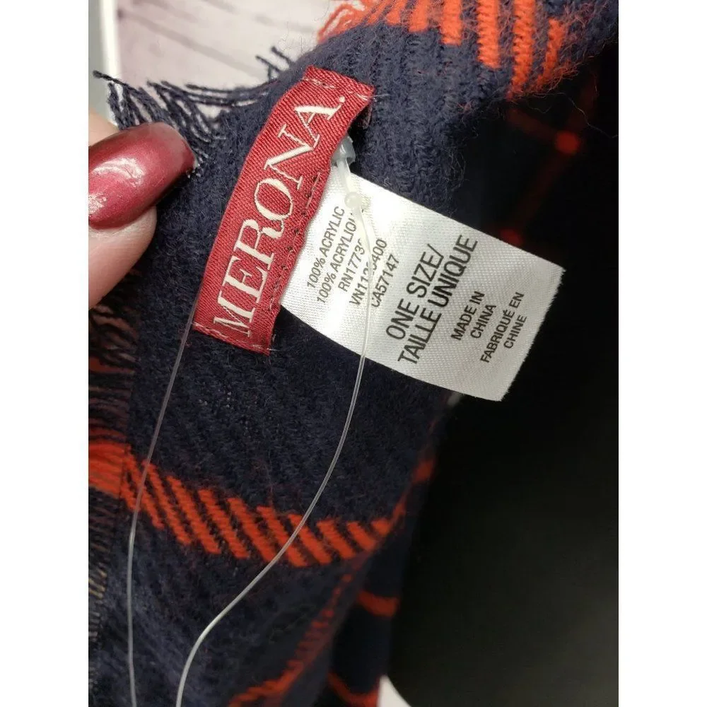 Merona Red Navy Blue Checkered Plaid Winter Blanket‎ Scarf